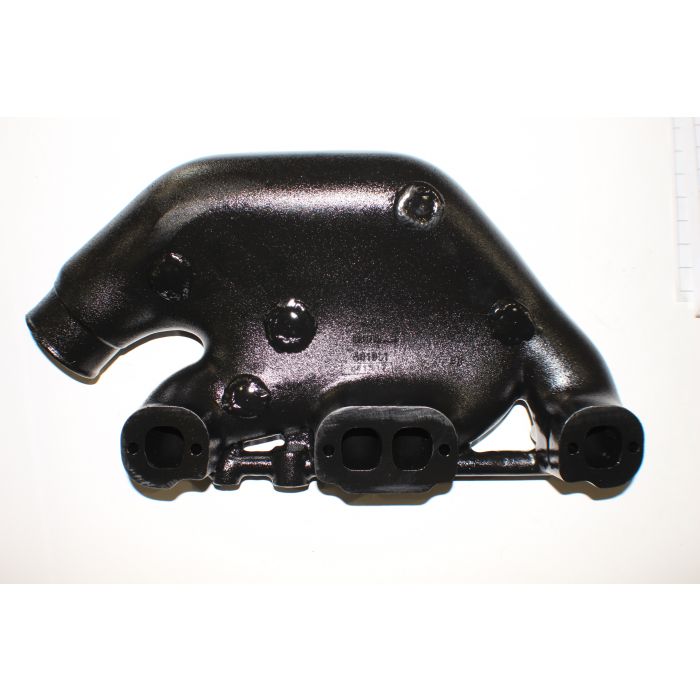 Aluminum port manifold and riser for 350 engine, black finish, with mounting flanges and bolt holes.