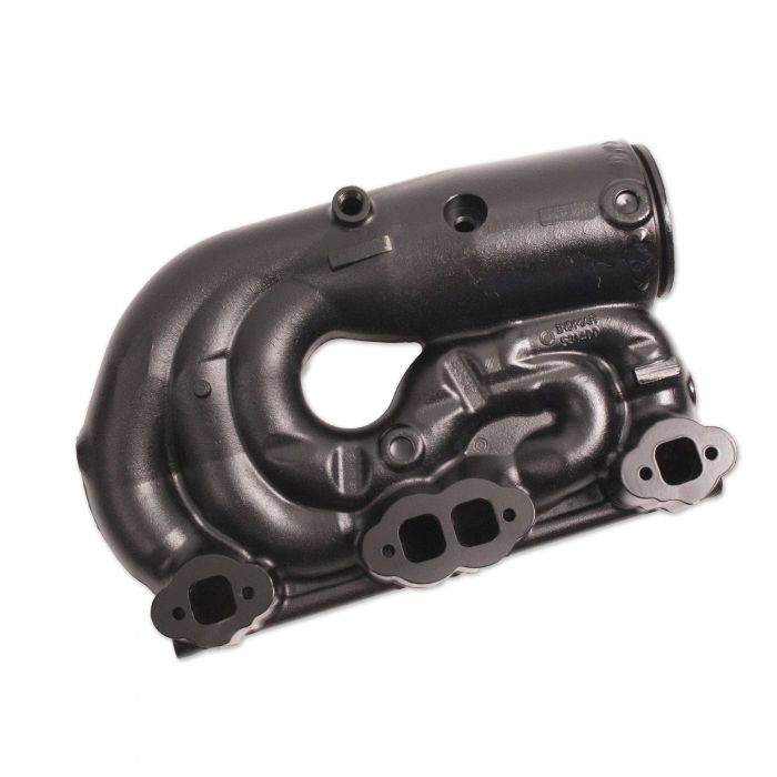 Black Indmar STBD 5.7L exhaust manifold with integrated catalytic converter and mounting flanges for marine engine.
