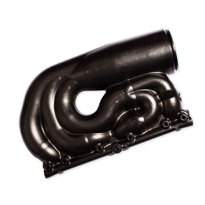 Black Indmar PORT Cat/Manifold for 5.7L engine, with curved pipes and mounting points, designed for marine performance.