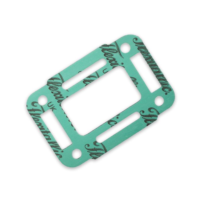 Green riser hardware kit with mounting holes and slots for securing components, used in electronic or mechanical assemblies.