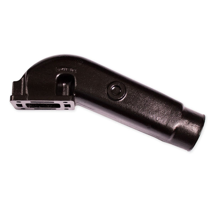 Black metal riser for center exhaust manifolds with mounting slot and bolt hole, designed to elevate exhaust components.