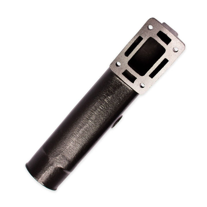 Riser for center exhaust manifolds, metal component with mounting holes and a black cylindrical body.