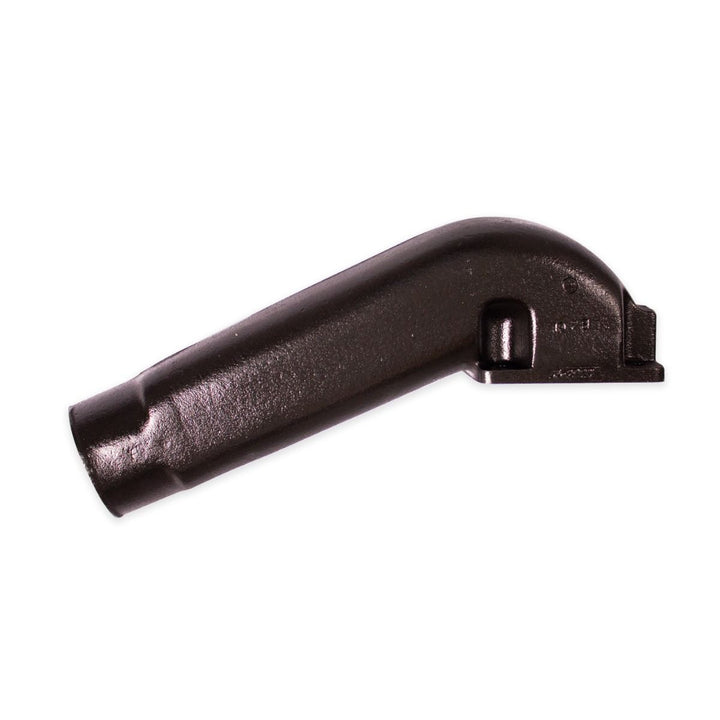 Riser for center exhaust manifolds, black metal component with a curved shape and mounting base for engine exhaust system.