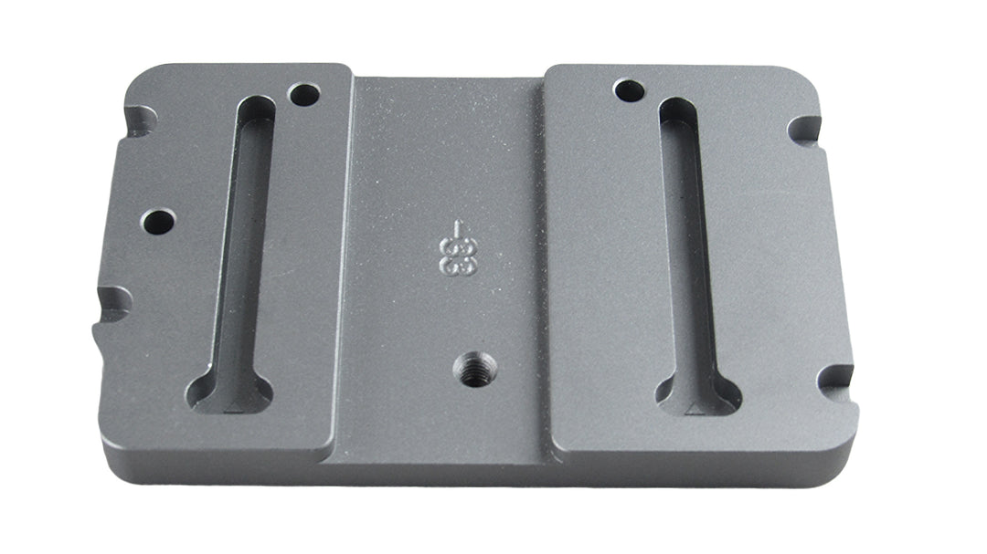 Metal phone holder slide block with adjustable slots for secure mounting, compatible with sizes 16-19.