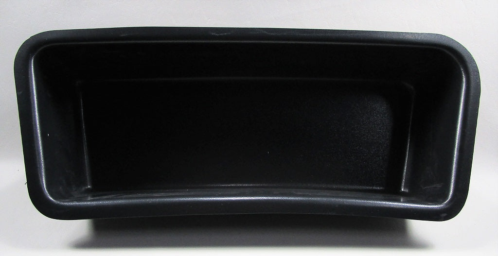 Black storage tub with a transom port design, rectangular shape, and smooth interior for boat or marine storage.