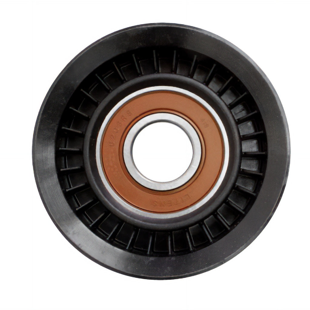 Idler pulley for 6.2L Indmar Ford engine, featuring a grooved design for optimal performance and durability.