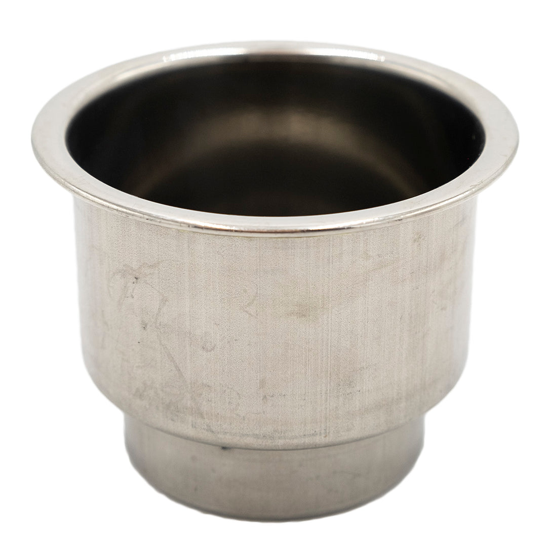 Dual stack stainless steel cup holder for secure placement of two cups, ideal for vehicles or boats.