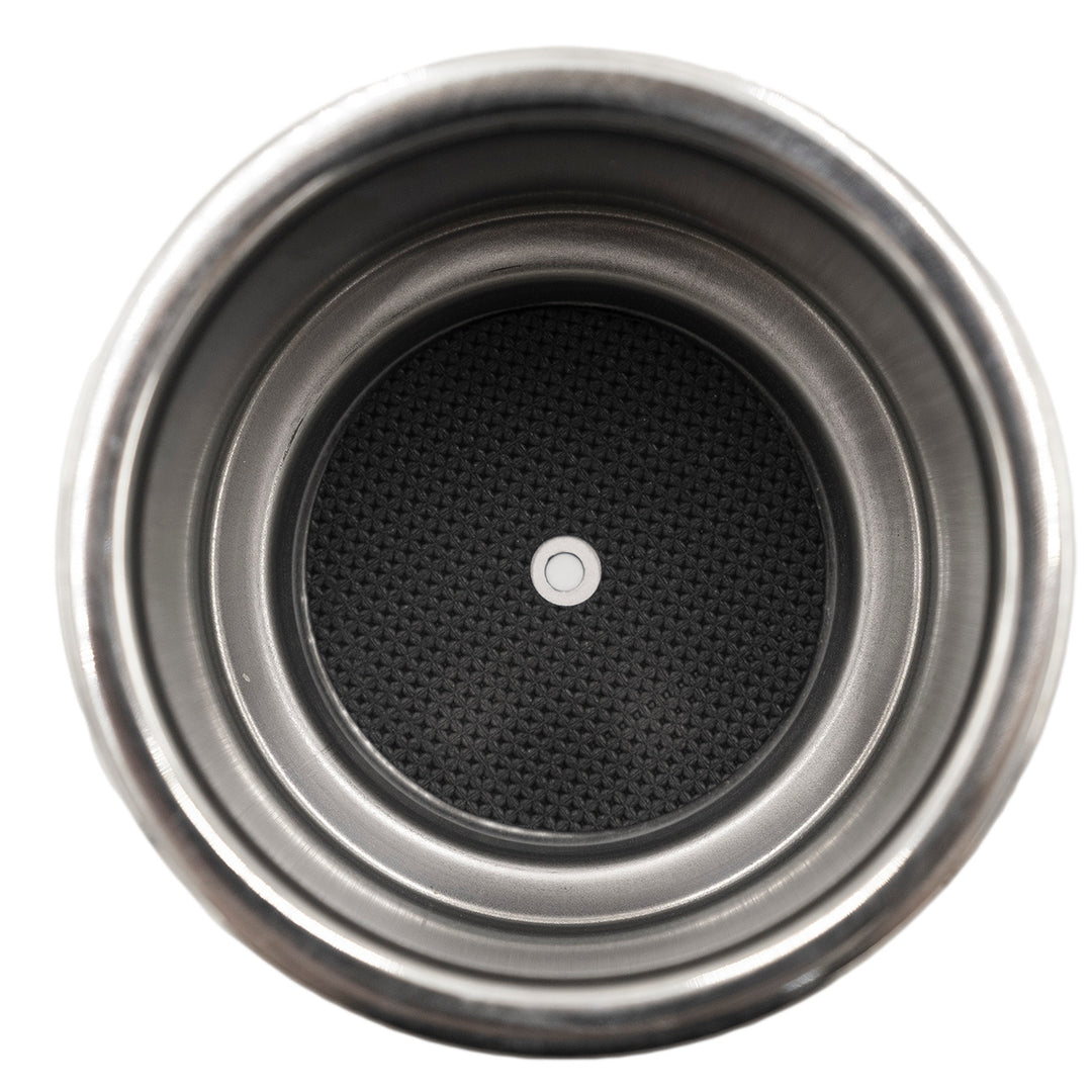 Top view of a dual stack stainless steel cup holder with black rubber insert for secure beverage placement.