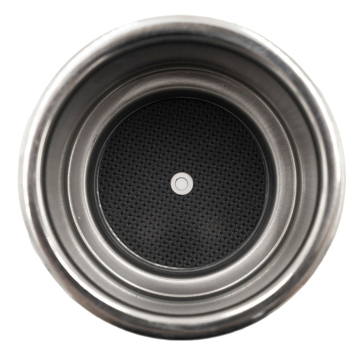 Top view of a dual stack stainless steel cup holder with black rubber insert for secure beverage placement.