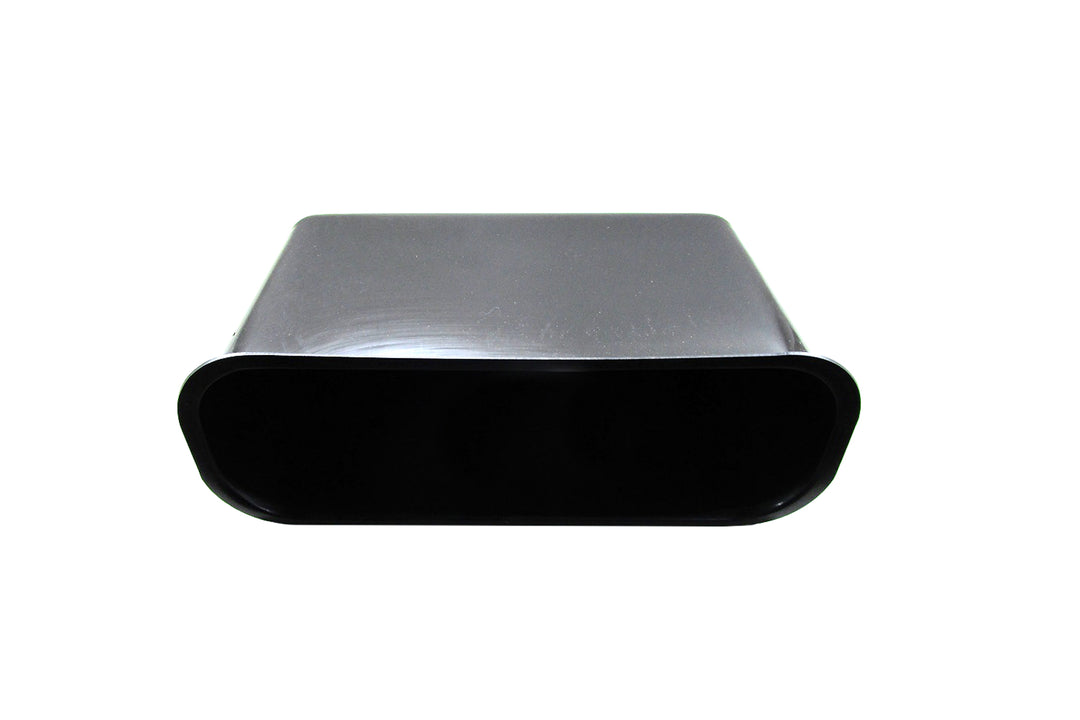A sleek, black rectangular trash bin with rounded edges, viewed from the front against a white background.