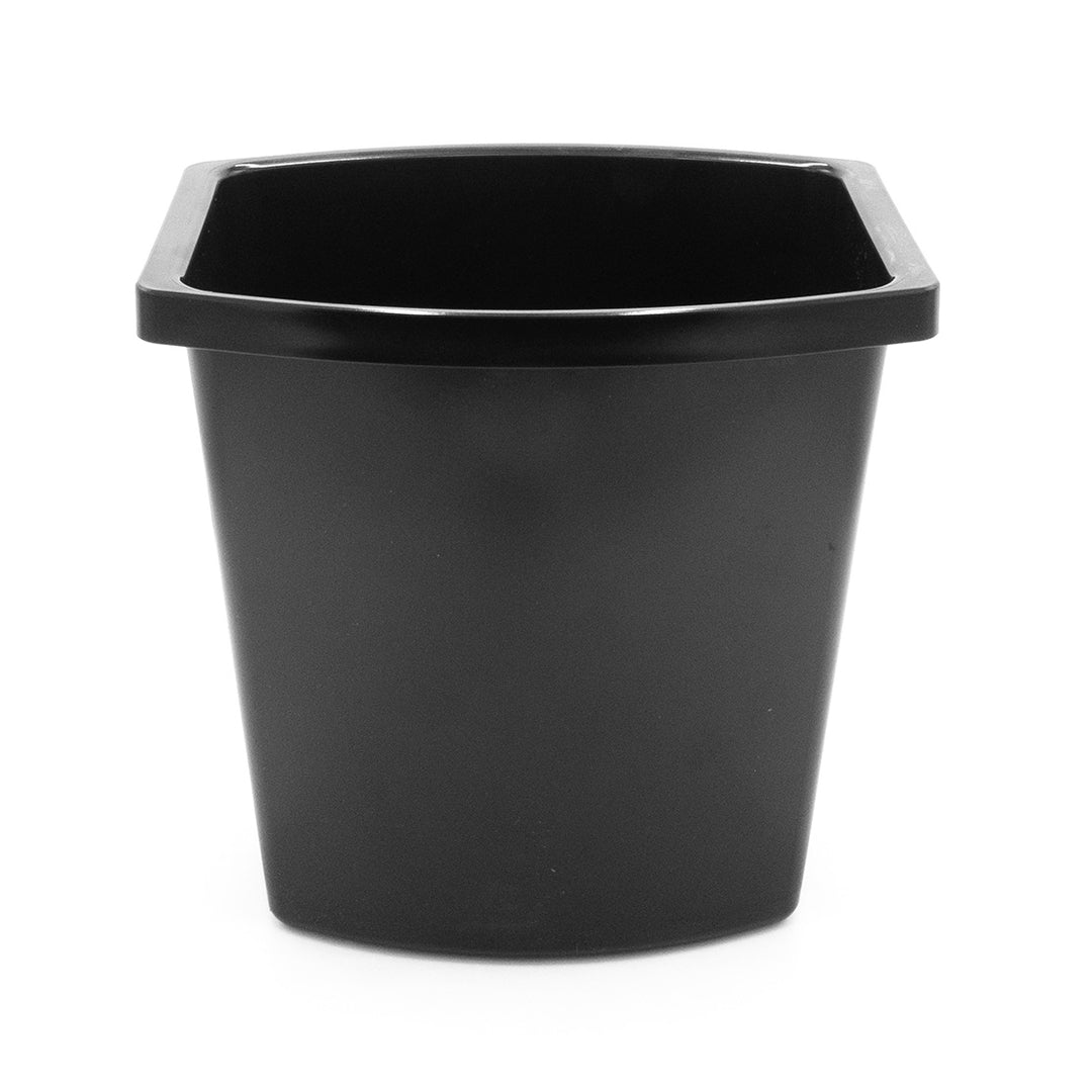A black, rectangular waste basket with a smooth finish, designed for holding trash in an office or home setting.