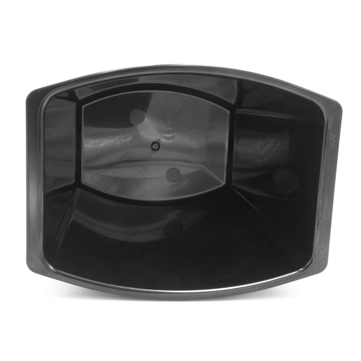 Black plastic waste basket with a divided interior for sorting trash, viewed from above.