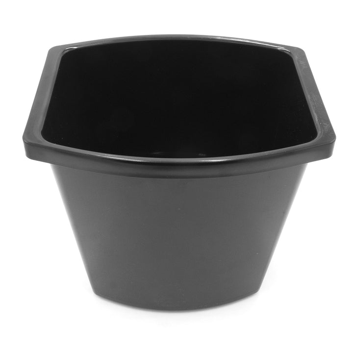 Black plastic waste basket with a square shape and open top, designed for trash disposal in offices or homes.