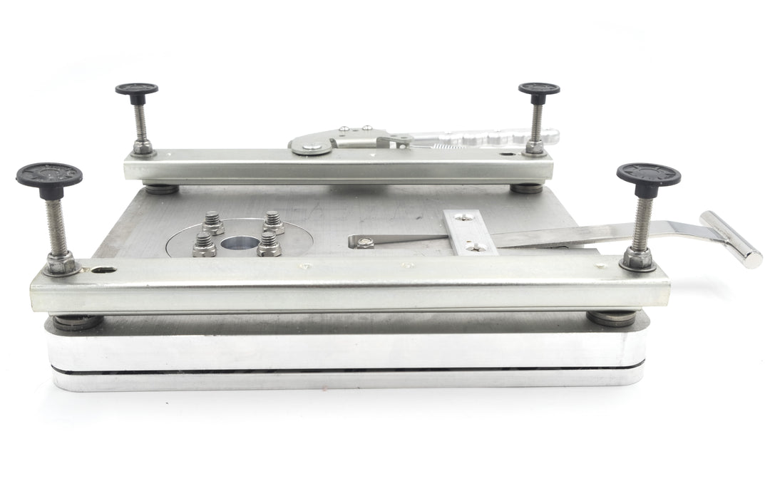 Driver seat swivel assembly with fiberglass floor, featuring adjustable mounting bolts and a rotating mechanism.