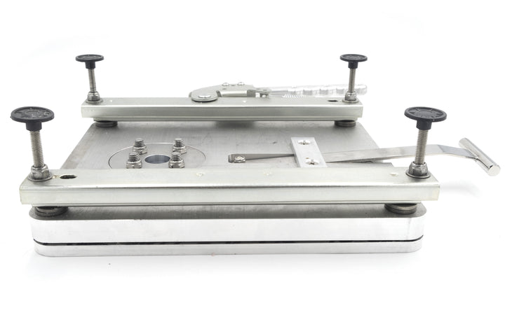 Driver seat swivel assembly with fiberglass floor, featuring adjustable mounting bolts and a rotating mechanism.
