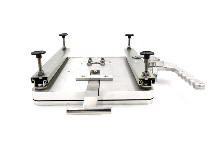 Driver seat swivel assembly with fiberglass floor, featuring adjustable mounting brackets and a handle for rotation.