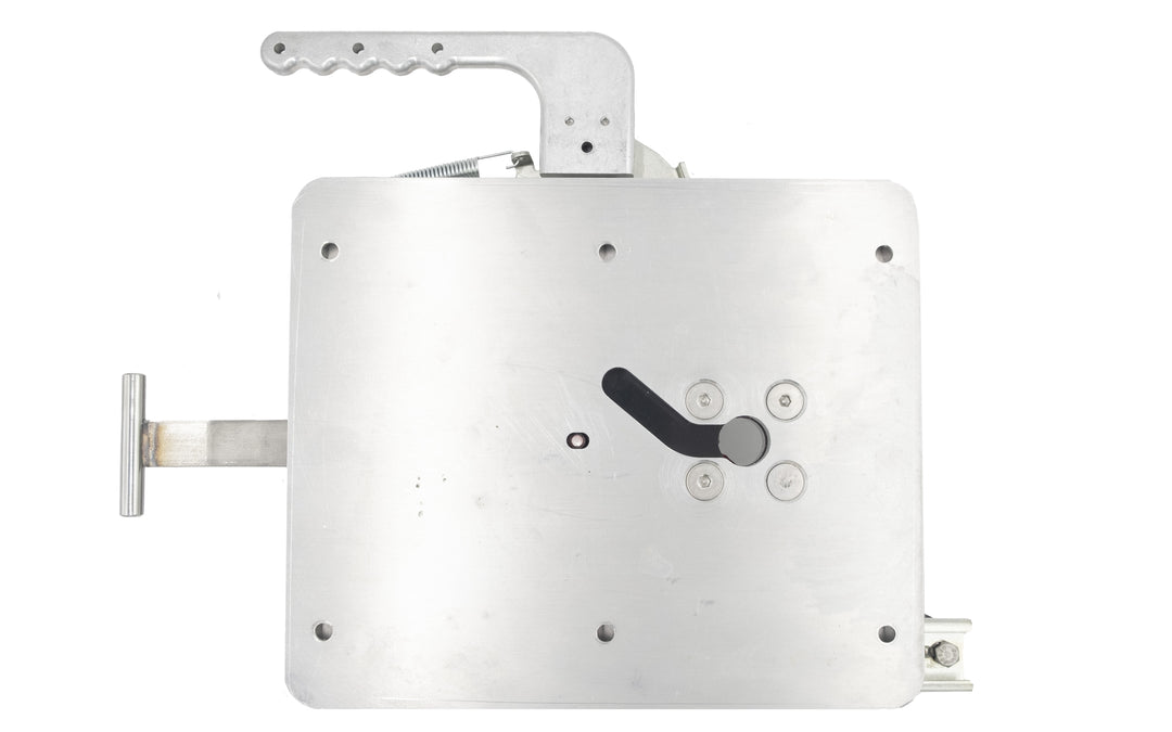 Metal driver seat swivel assembly with fiberglass floor mounting, featuring a black adjustment lever and mounting holes.