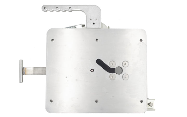 Metal driver seat swivel assembly with fiberglass floor mounting, featuring a black adjustment lever and mounting holes.