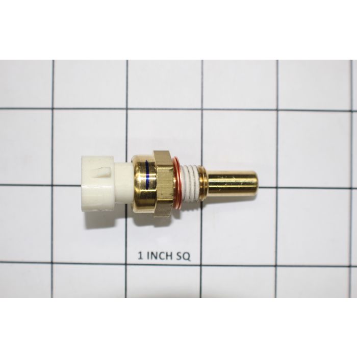 Coolant sensor for Malibu and Axis boats, featuring a brass body and plastic connector for reliable engine monitoring.