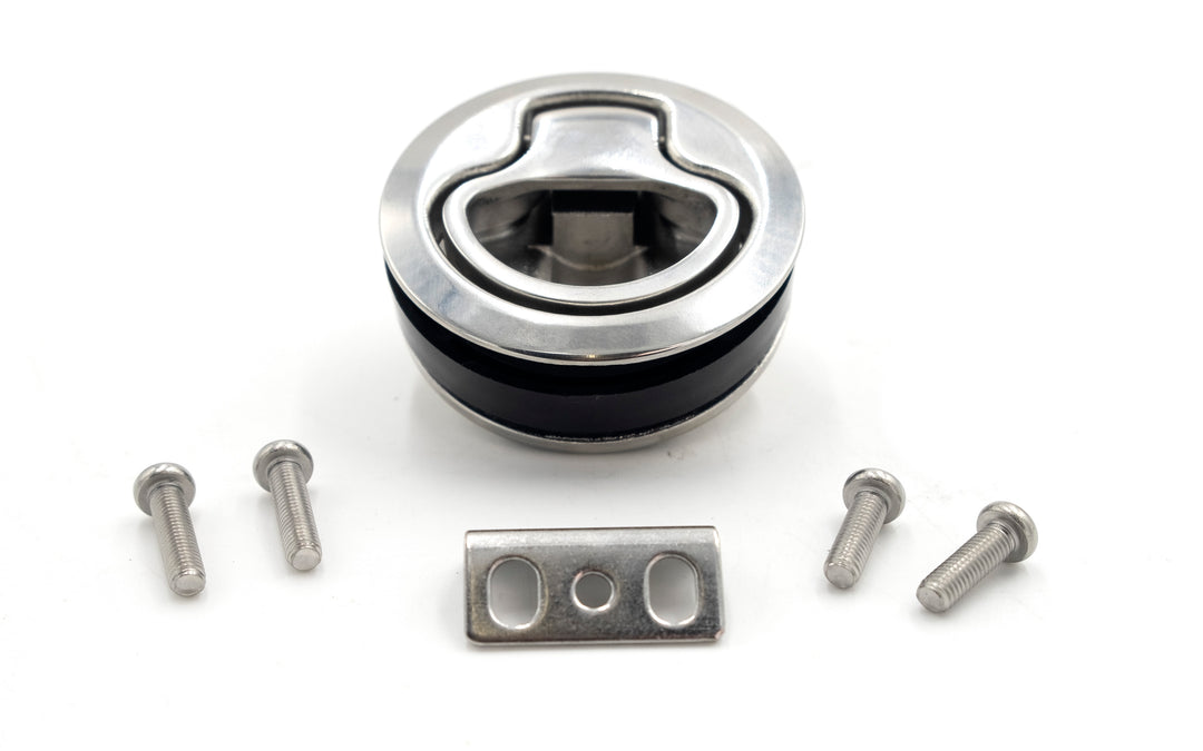 Wedge access door latch with mounting screws and metal bracket, designed for secure panel or door access.