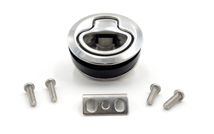 Wedge access door latch with mounting screws and metal bracket, designed for secure panel or door access.
