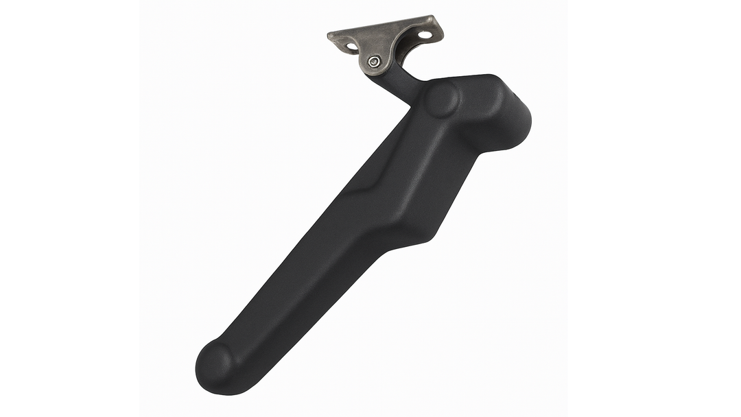 Leanback latch designed for boat seating, featuring a durable black handle and metal mounting bracket for secure attachment.