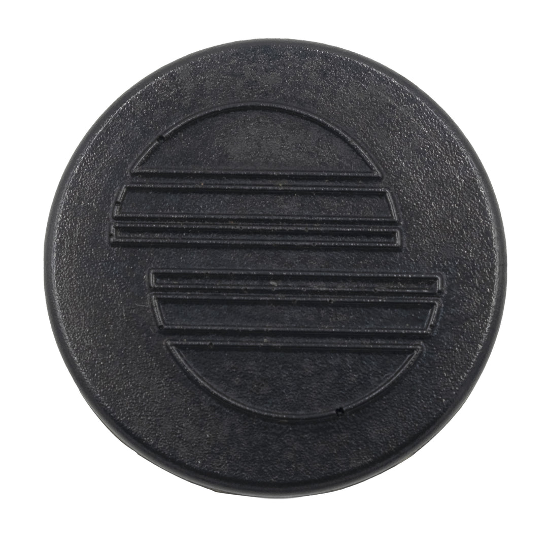 Black plastic floor cap for ski pylons, size 13-15, with textured surface and horizontal ridges for secure fit.