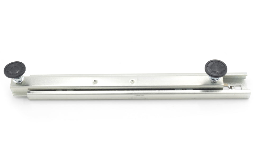 Aluminum seat slide track with adjustable black rubber feet for smooth, secure seat movement and positioning.
