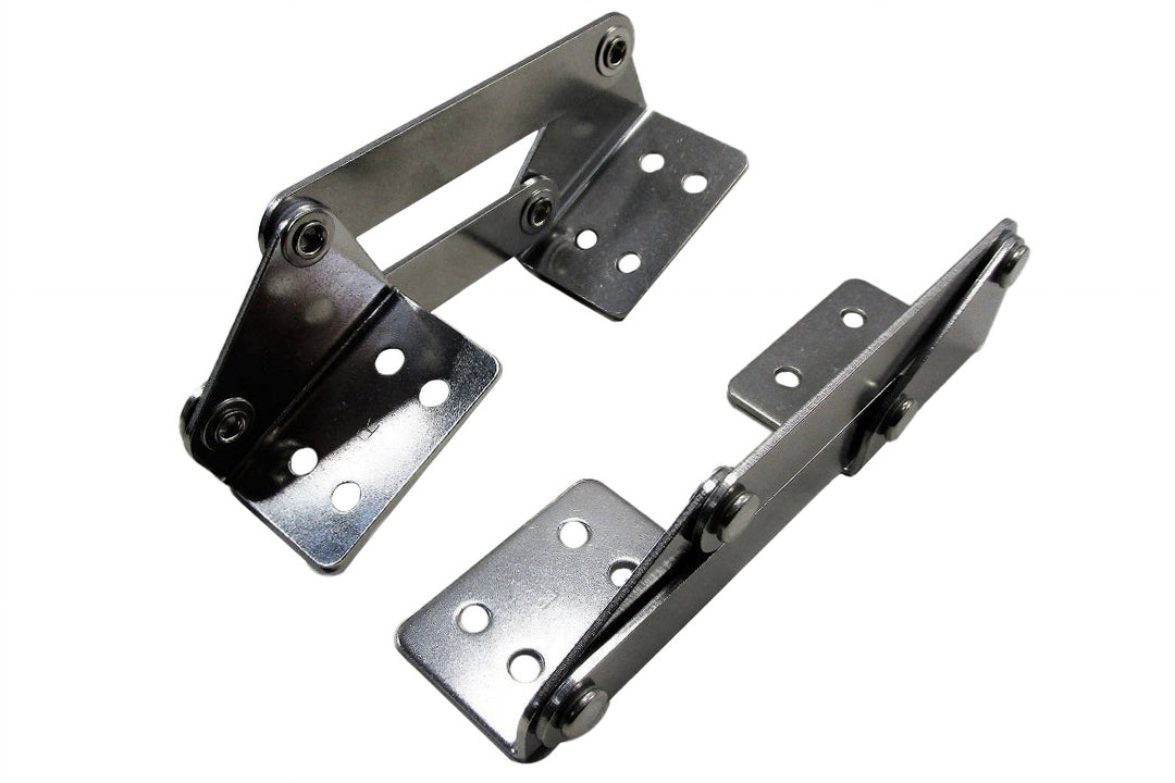 Metal flip-up seat bolster bracket with hinge mechanism and multiple mounting holes for adjustable seating support.