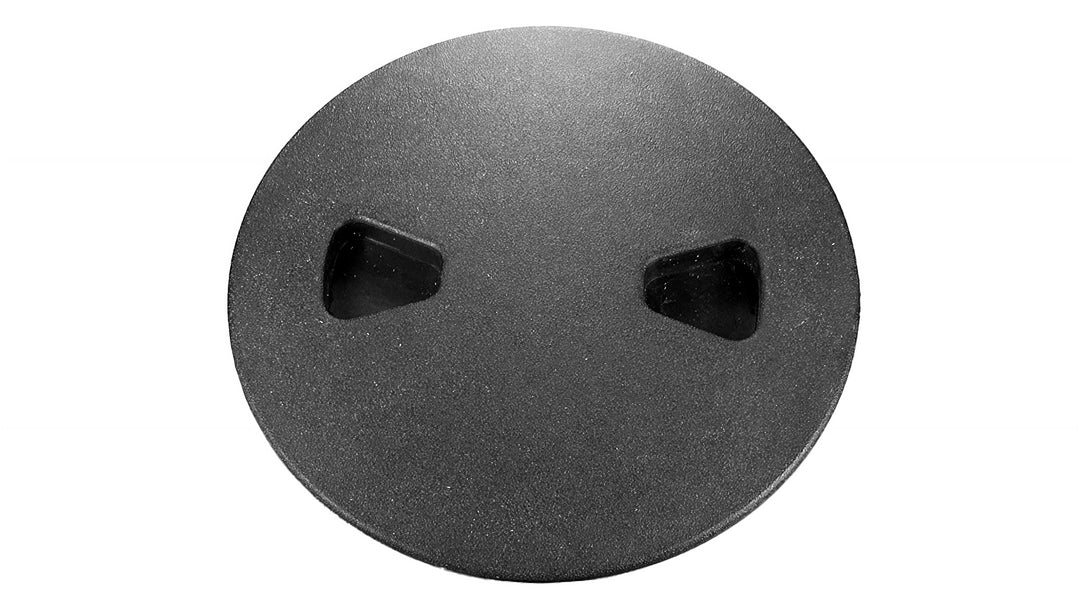 Black 6-inch twist-in inspection cover for vehicles, compatible with models from 2009 to 2015.