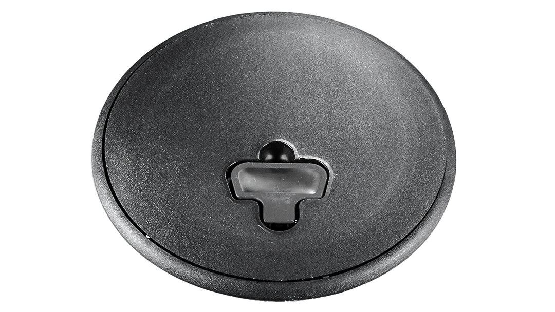 Black cam lock inspection cover with a keyhole-shaped opening for secure access and inspection.