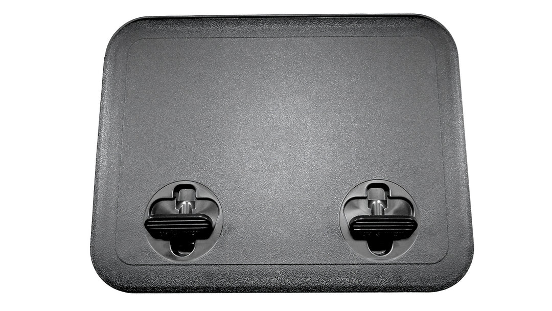 Inspection cover (deck plate) with double cam lock, measuring 12"x16", black metal with locking handles.