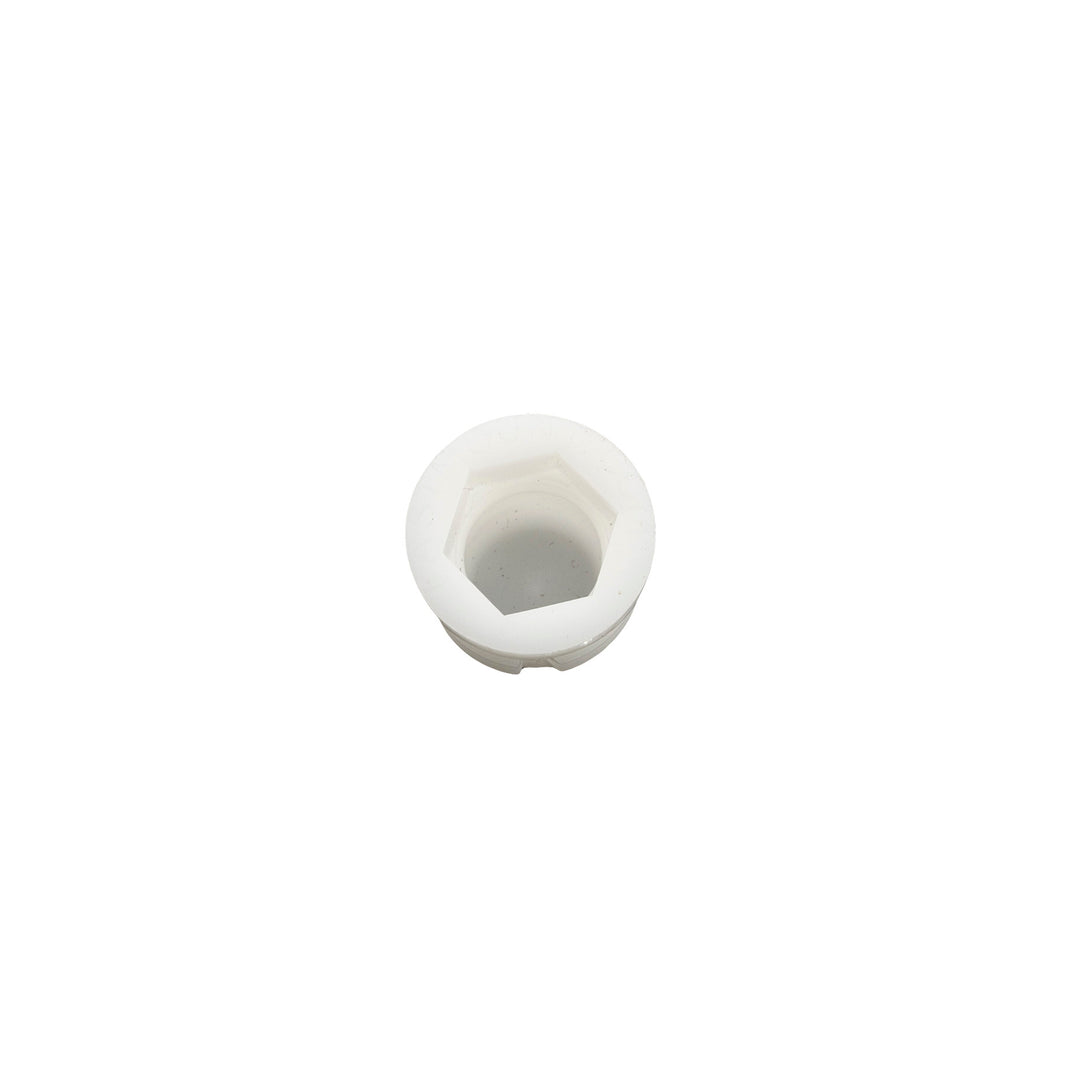 White female panel clip with a hexagonal socket interior, used for securing panels or components.