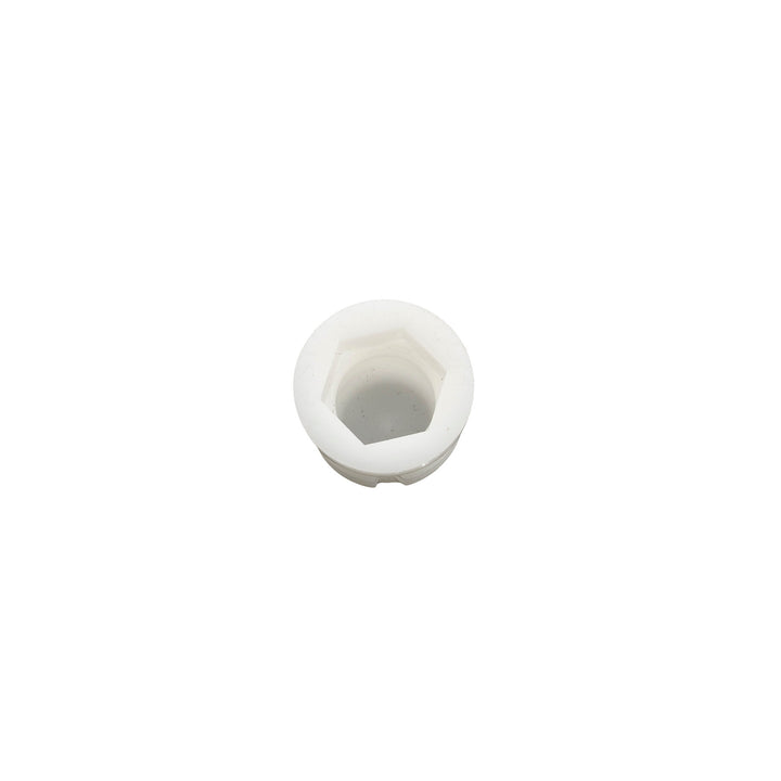 White female panel clip with a hexagonal socket interior, used for securing panels or components.