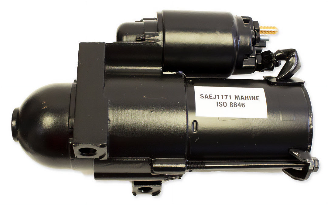 Starter BTM MT small/big block, black marine engine starter motor with label, used for small and large engine blocks.