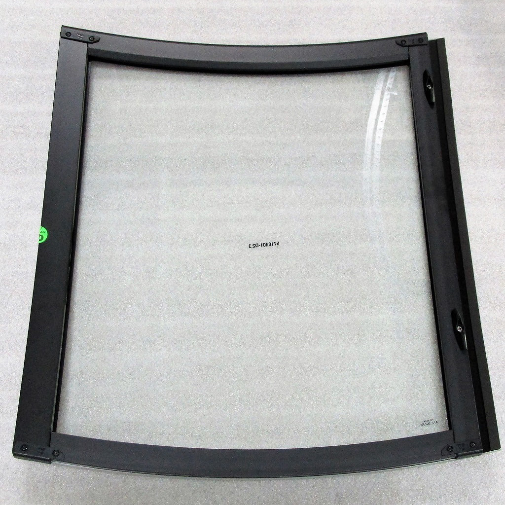 Aluminum frame with a curved, transparent windshield panel designed for Malibu vehicles, labeled "Malibu Walk Through Windshield.