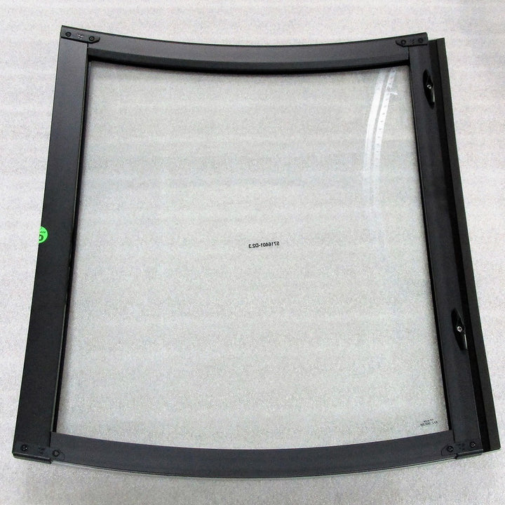 Aluminum frame with a curved, transparent windshield panel designed for Malibu vehicles, labeled "Malibu Walk Through Windshield.