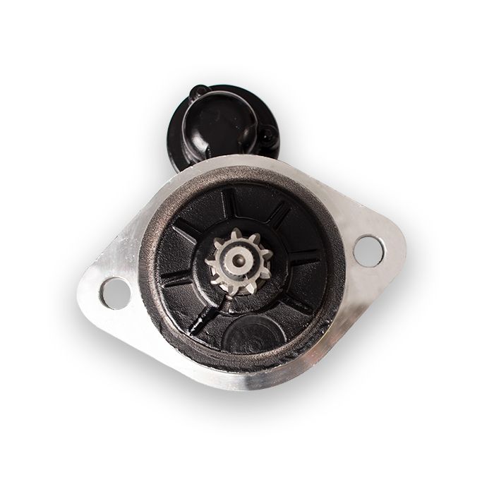 Ford/Chevy top mount starter motor, replacement part for vehicle engine starting, with mounting flange and gear.