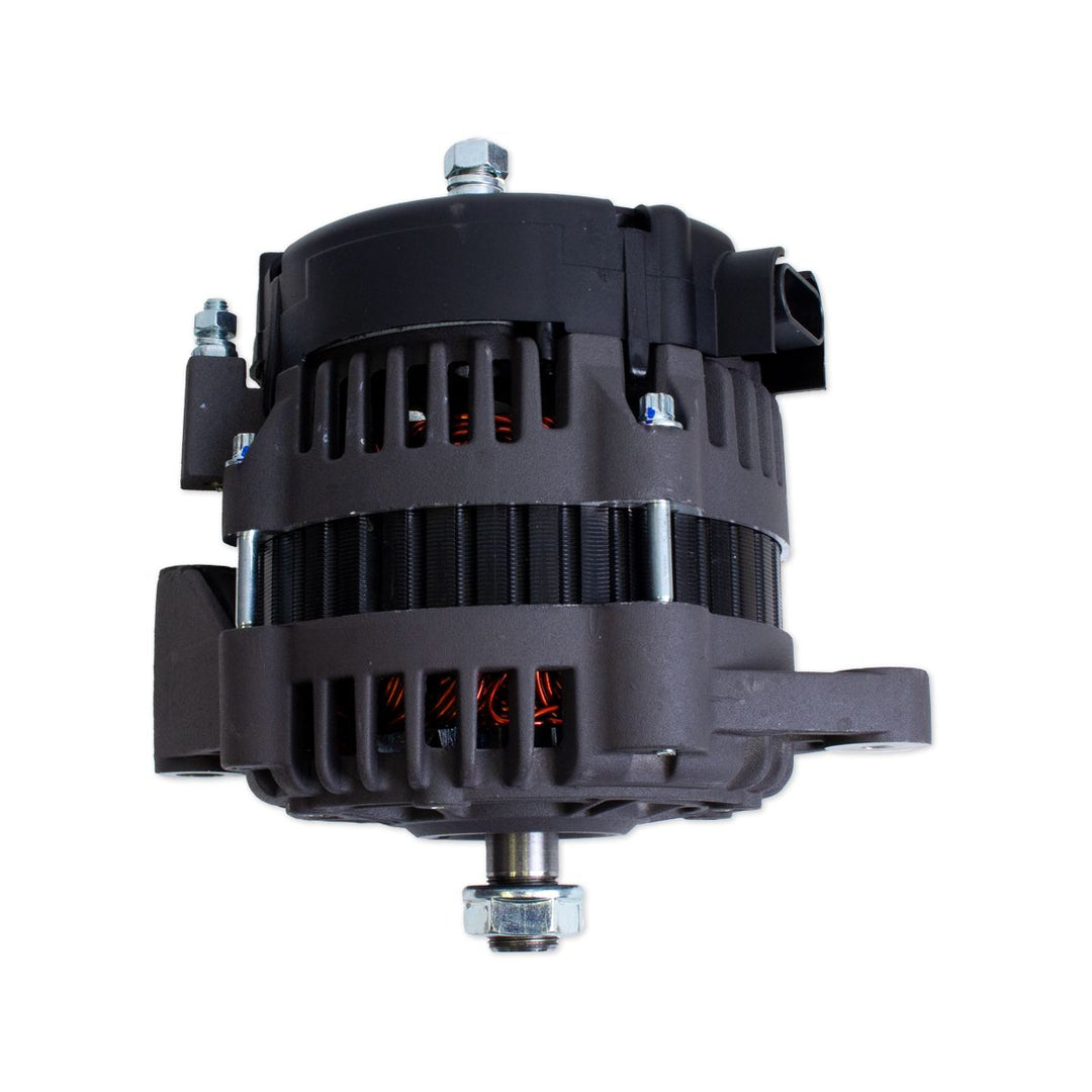 Alternator 95AMP serpentine belt, without pulley, for automotive electrical systems, black housing with mounting points.