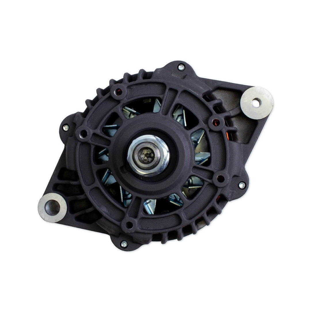 Alternator 95AMP serpentine belt, no pulley, for automotive use, with mounting brackets and electrical connections.