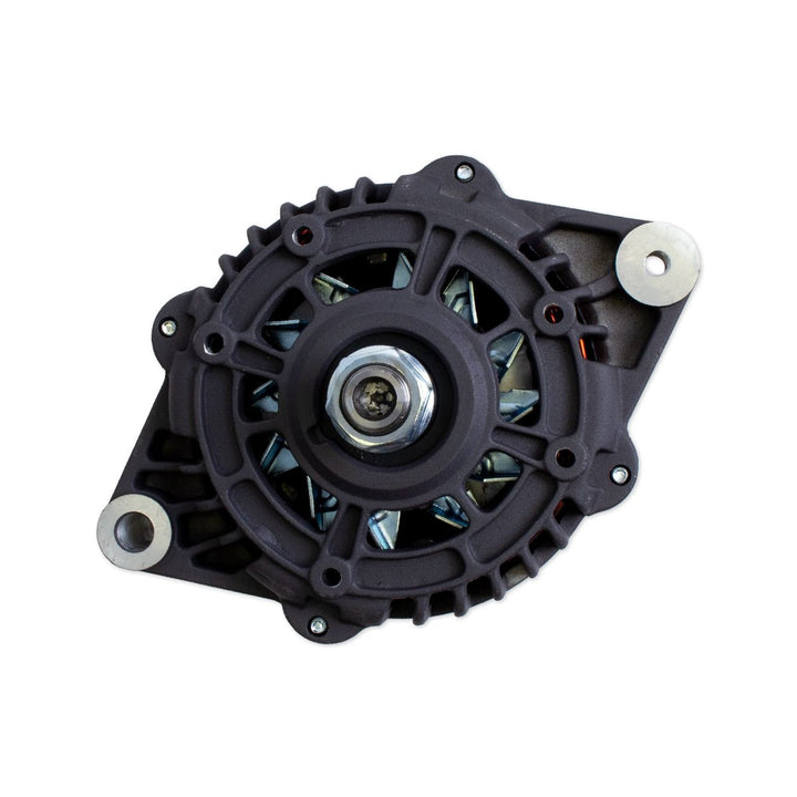 Alternator 95AMP serpentine belt, no pulley, for automotive use, with mounting brackets and electrical connections.