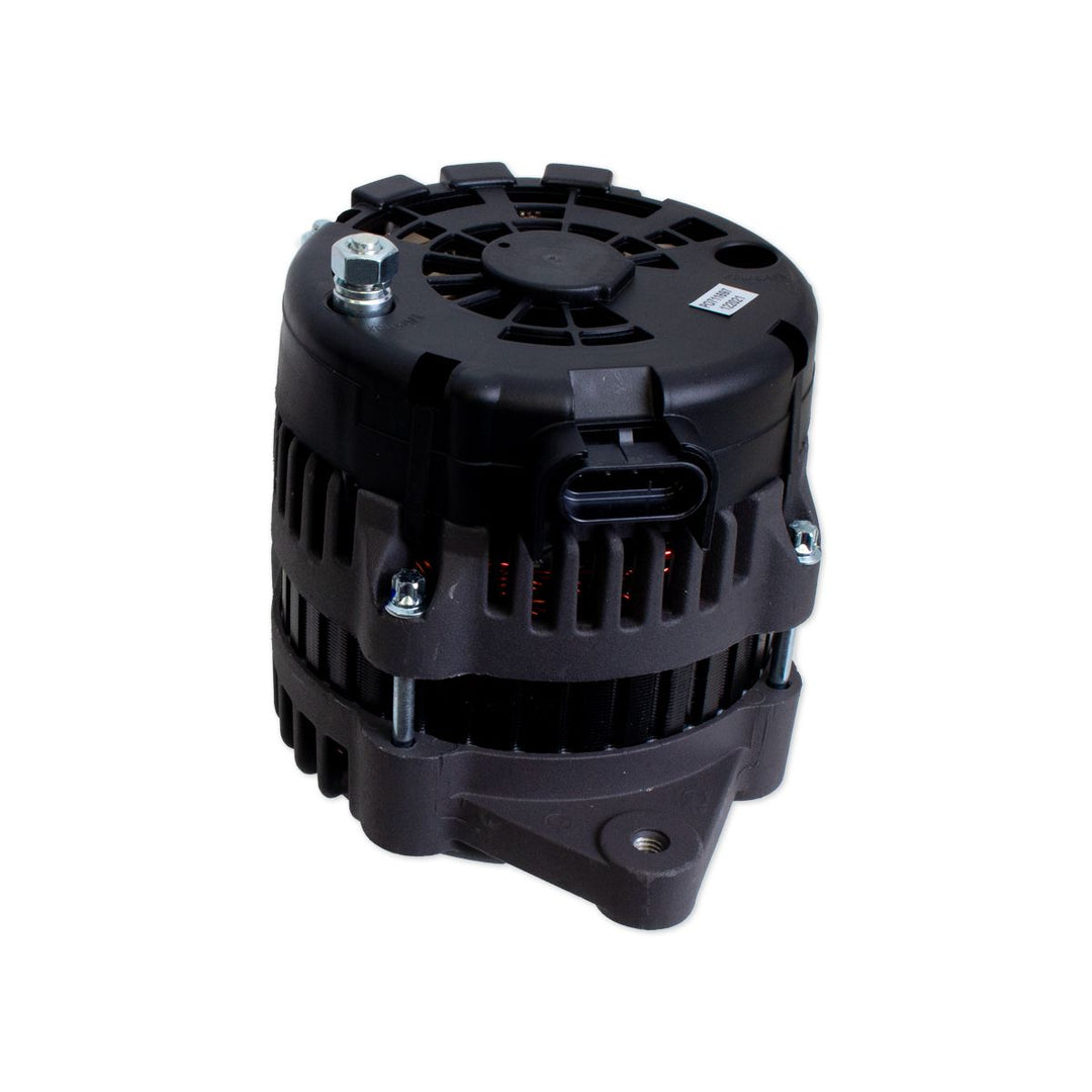 Alternator 95AMP serpentine belt, without pulley, black housing, mounted with bolts, for automotive use.