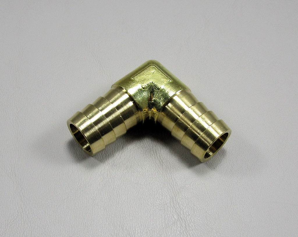 Brass 90-degree hose fitting with barbed ends, 5/8 inch diameter, designed for secure hose connections.