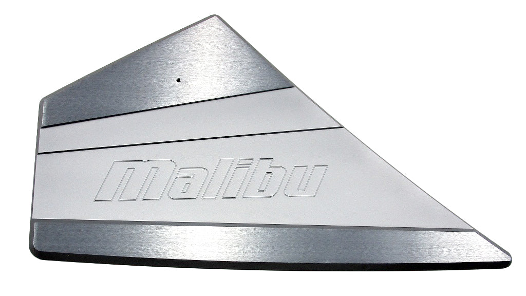 Malibu Port Bow Billet Vent in polished aluminum with engraved "Malibu" logo, designed for boat ventilation and style.