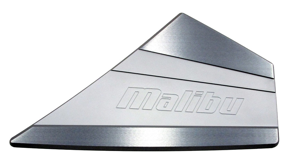 Silver Malibu Starboard Bow Billet Vent with engraved "Malibu" logo and sleek, angular design.