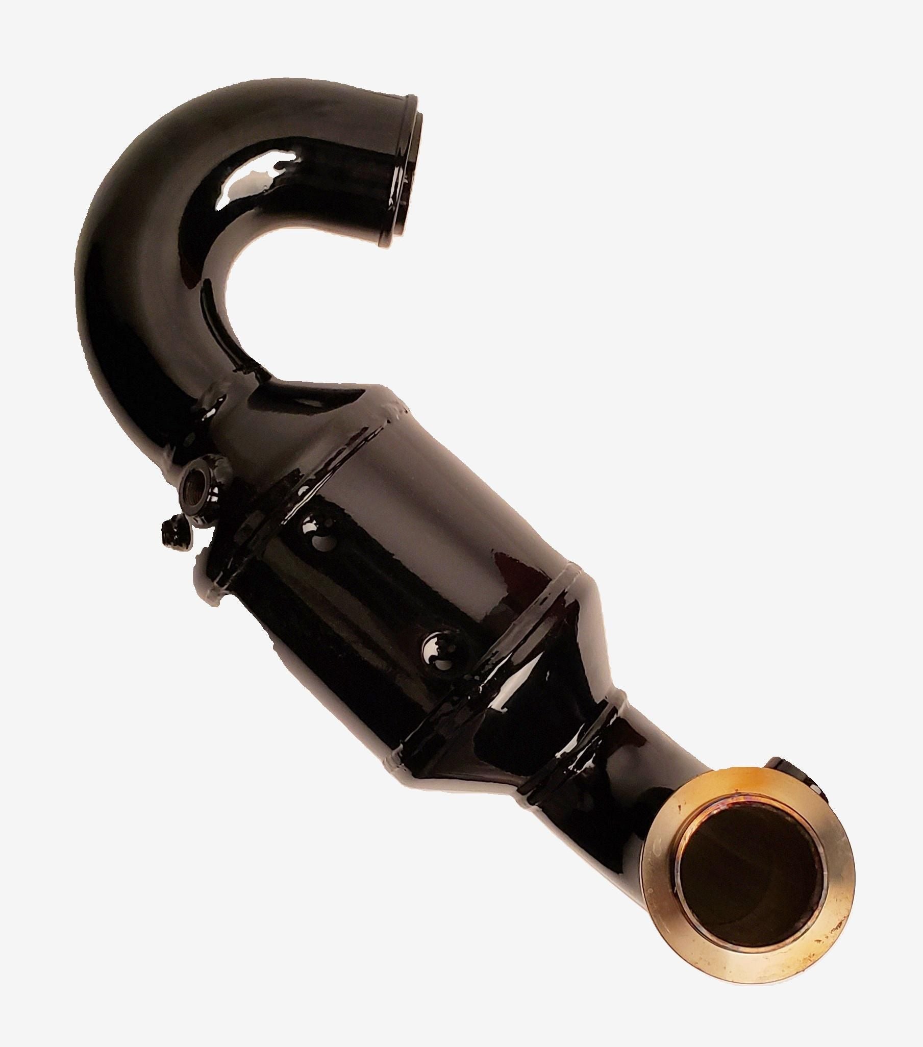 Black INDMAR port elbow bank with a raised 1-inch design, featuring a curved and straight pipe section with gold-colored flange.