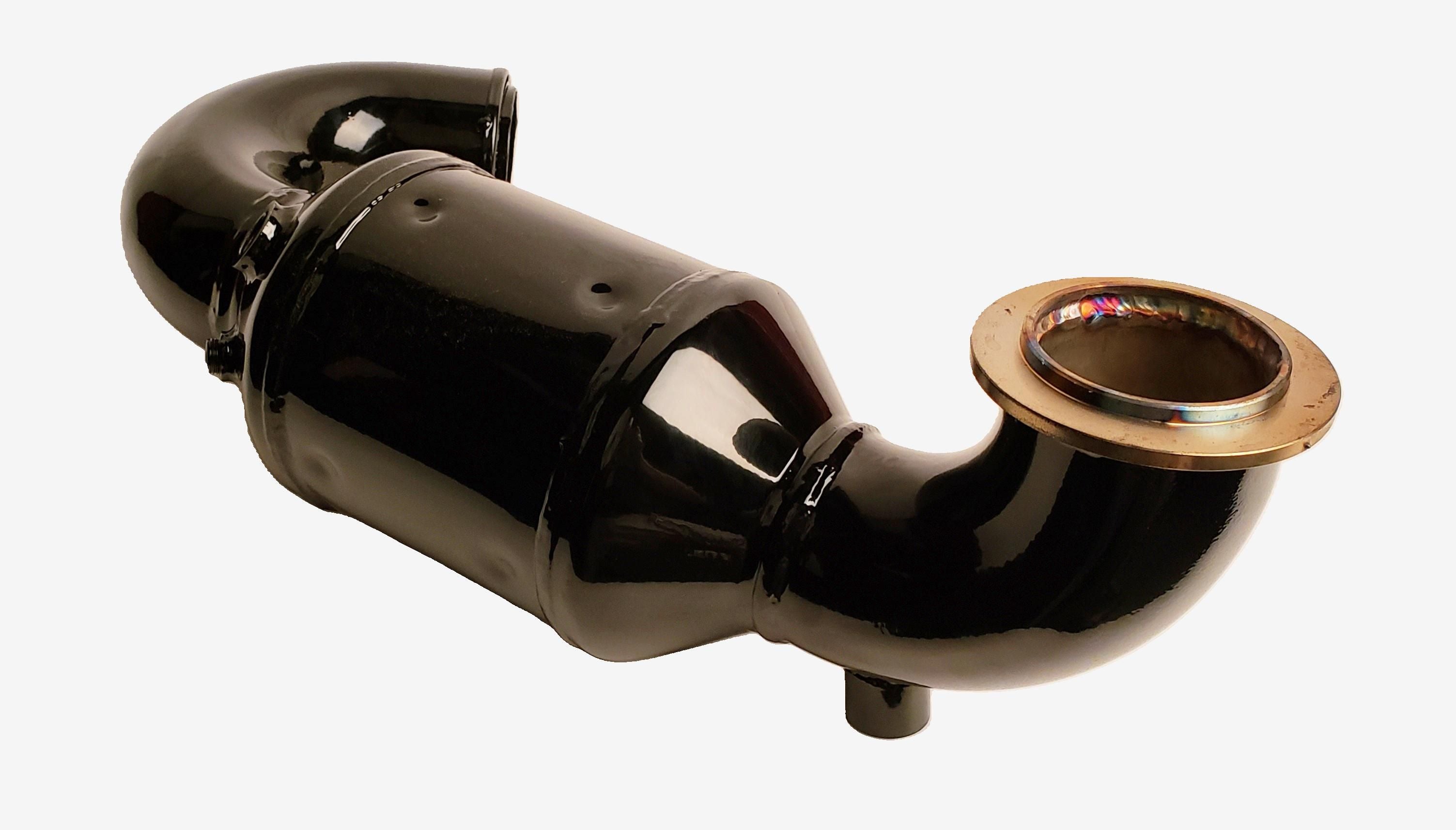 Black 1-inch raised port elbow bank catalytic converter with a shiny finish and gold-colored flange.
