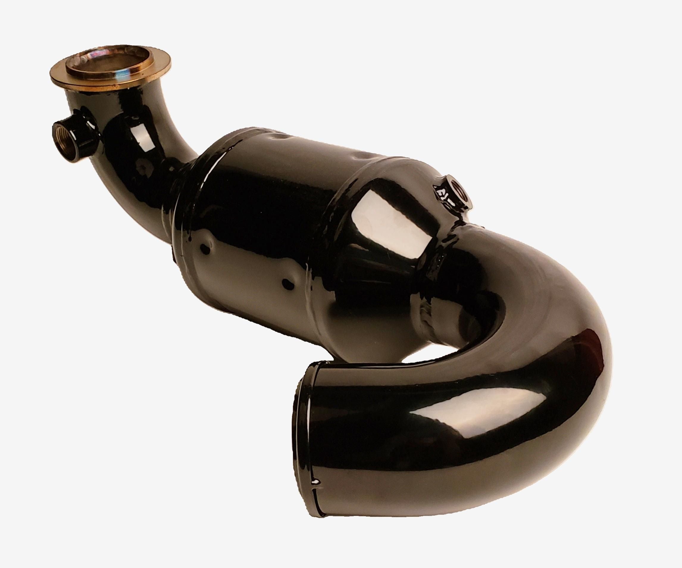 Black INDMAR port elbow bank 1 with a raised 1-inch bend, designed for automotive catalytic systems.