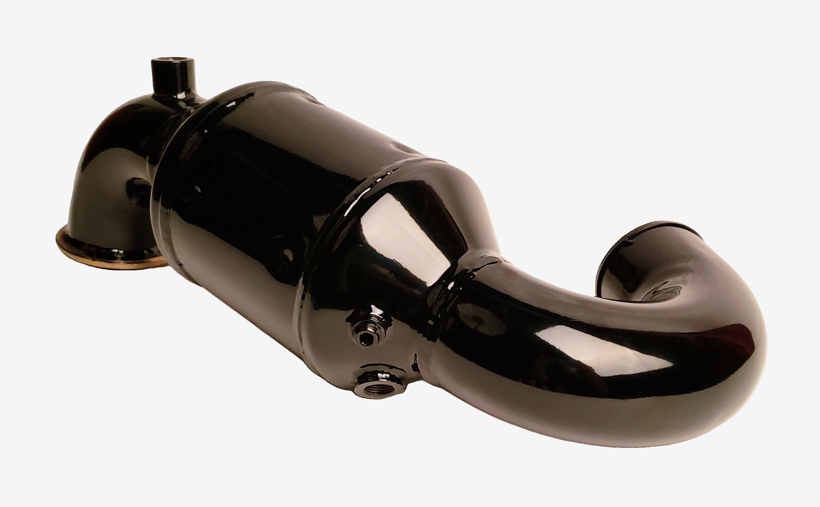 Black INDMAR port elbow bank 1" raised catalyst, automotive exhaust component with curved pipe and mounting points.