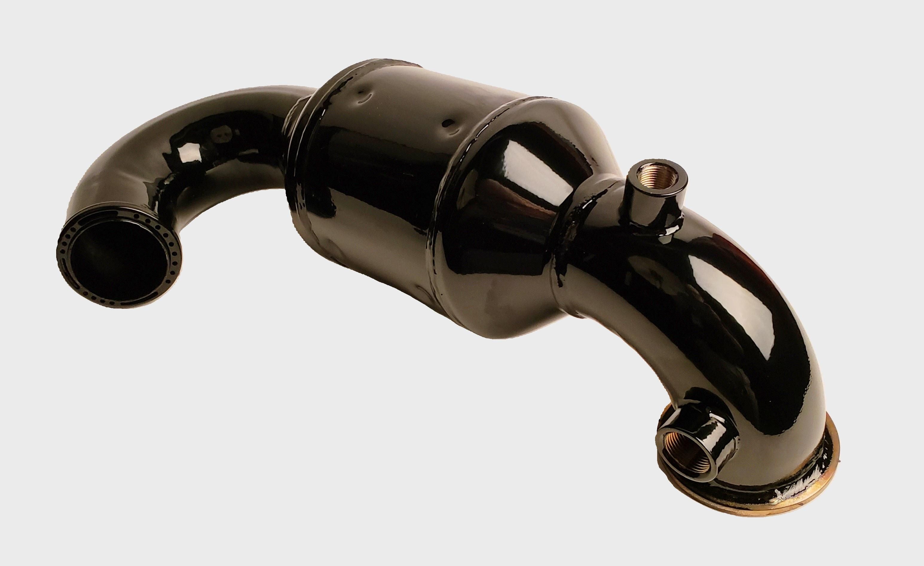 Black INDMAR port elbow bank 1 raised 1" catalytic converter with multiple threaded connection points.